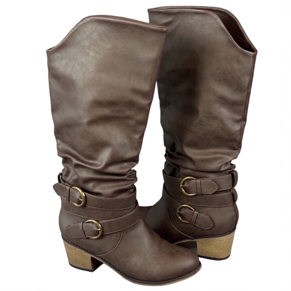NWT Journee Collection Dark Brown Knee High Slouch Heel Buckle Boots Size 8.5